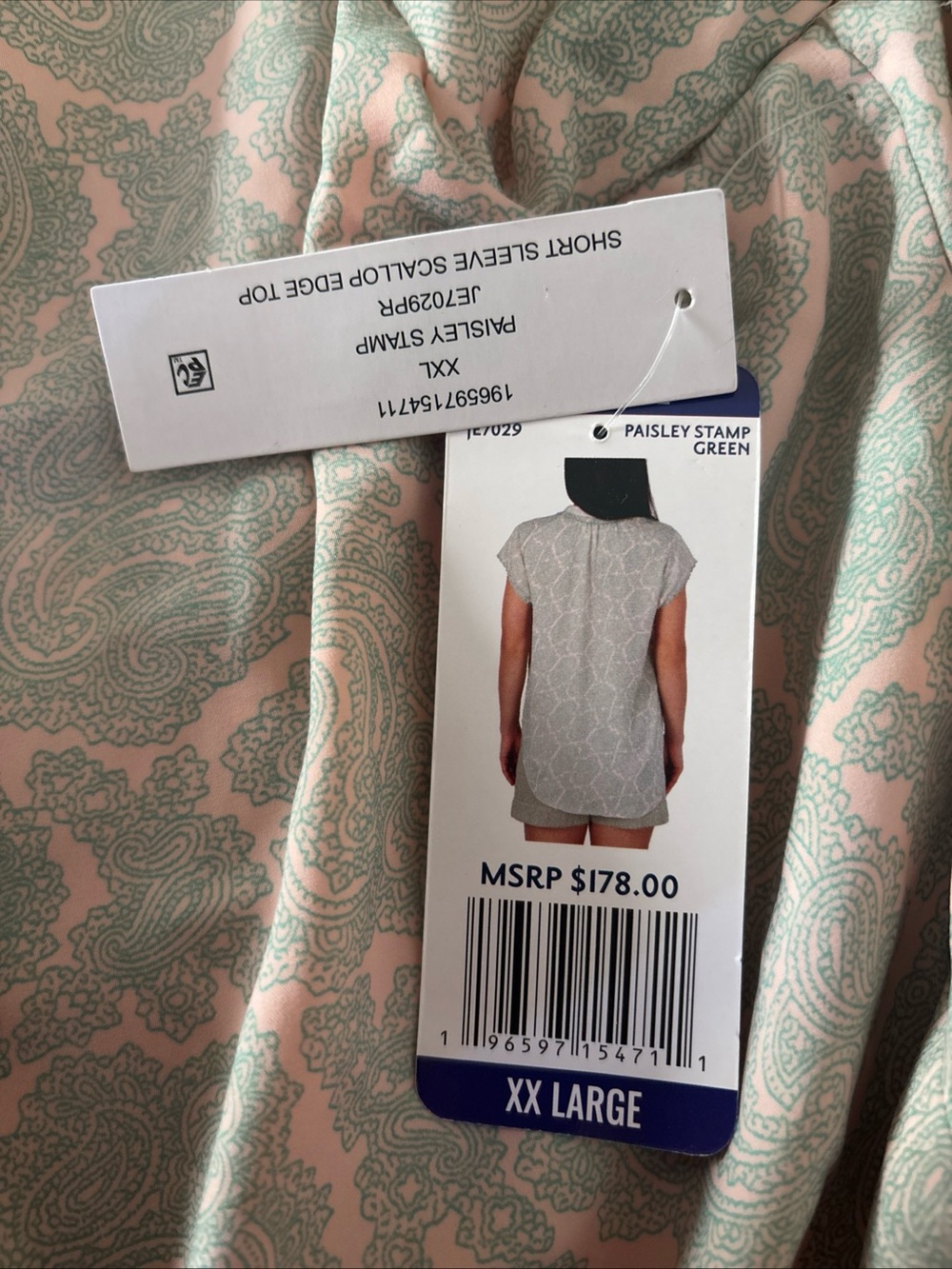 Joie Short Sleeve Scallop Edge Top in Paisley Stamp Green Blouse XXL NWT - Picture 2 of 4